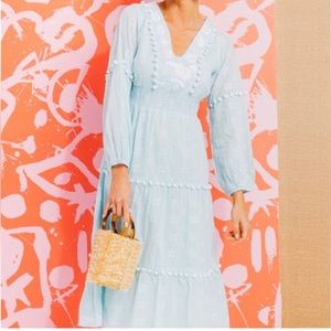 Sail to Sable STS Women's Embroidered Pom Pom Midi Dress in Sky Blue